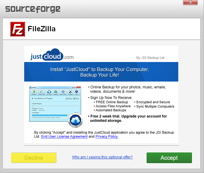 does filezilla install adware